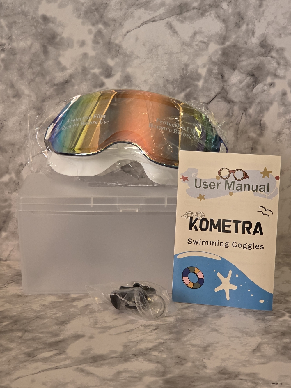 White Frame Mirrored Swim Goggles - Rainbow Lens 1 Set